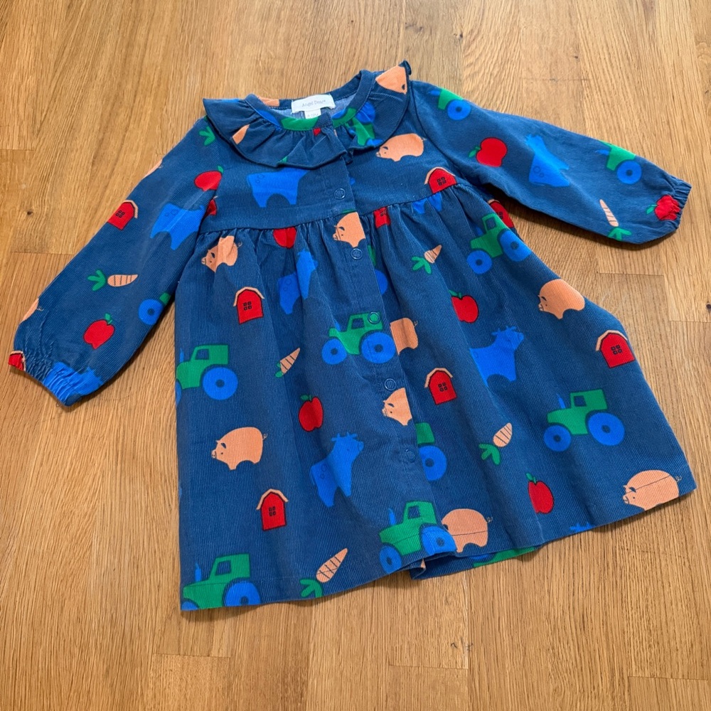 Angel Dear 6-12 MONTHS Blue Corduroy Farm Animals Long Sleeve Dress NEW